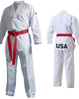 A white karate uniform with a red belt.