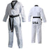 A white karate uniform with a black belt.