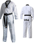 A white karate uniform with a black belt.