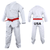 White uniform with red belt for Taekwondo, front view.