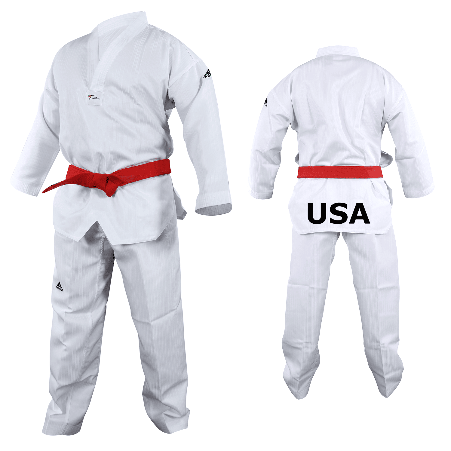 White uniform with red belt for Taekwondo, front view.