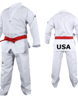 White uniform with red belt for Taekwondo, front view.