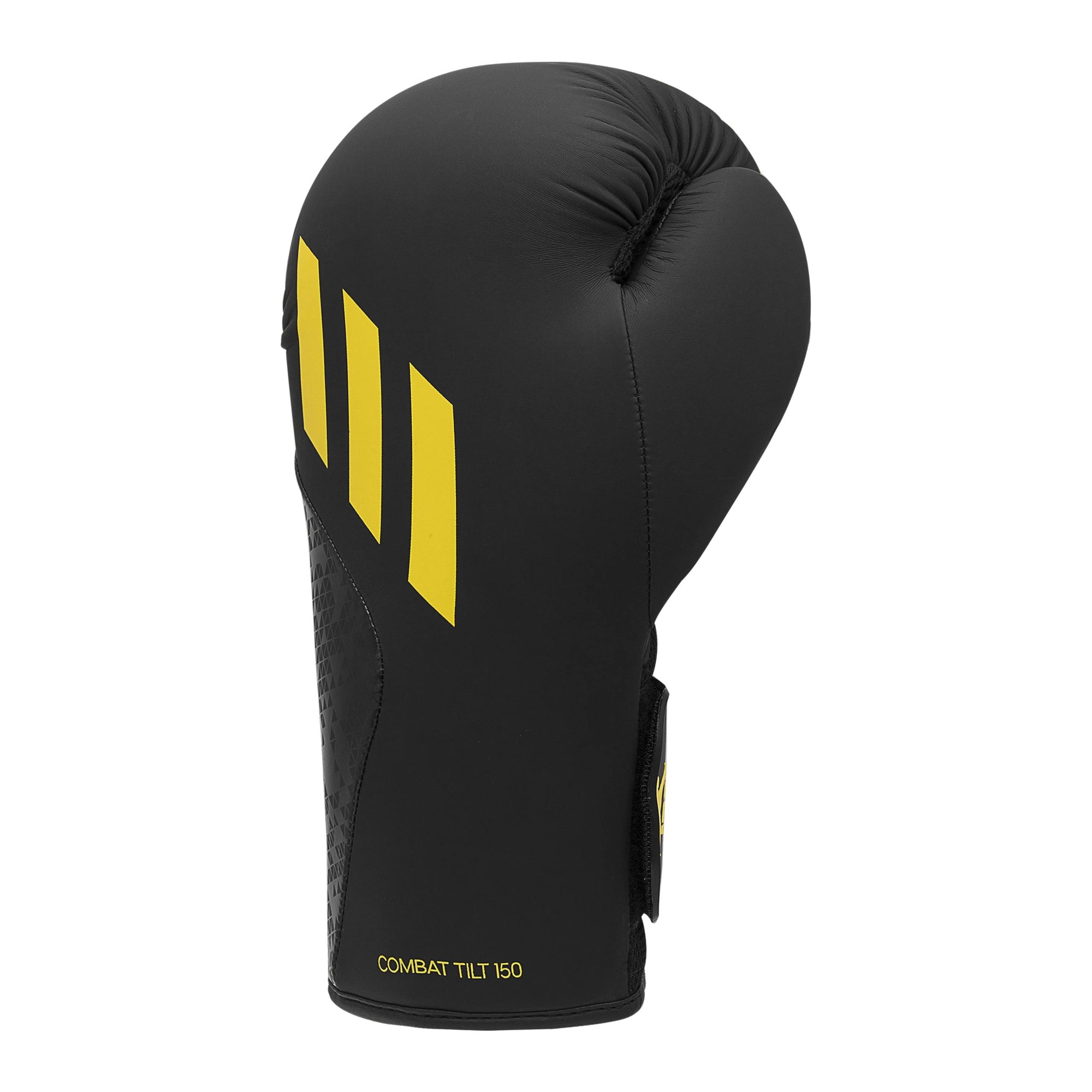 Black boxing glove with yellow stripes, 10 oz size.