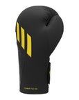 Black boxing glove with yellow stripes, 10 oz size.