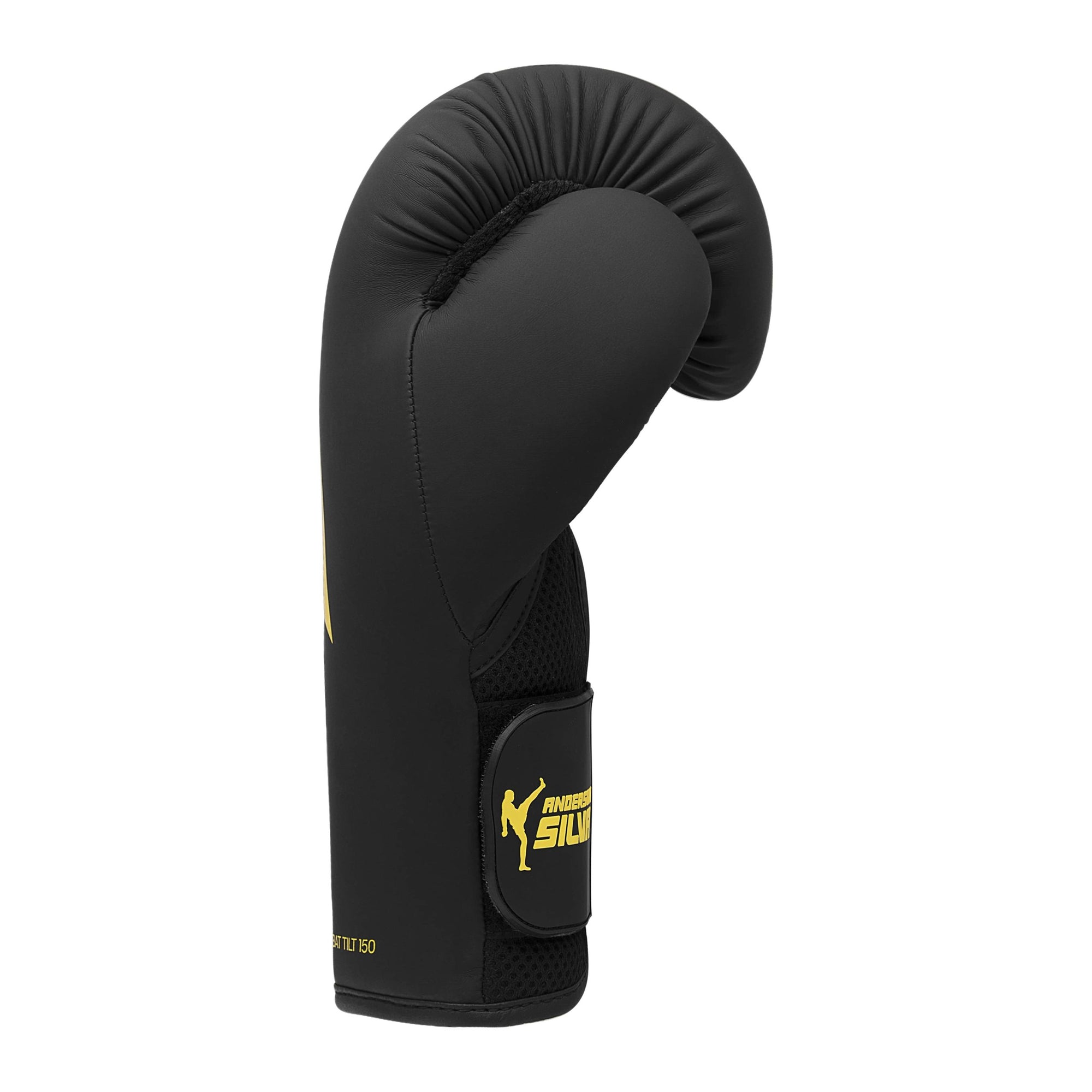 Adidas x Anderson Silva black boxing glove with yellow logo, 12 oz size.