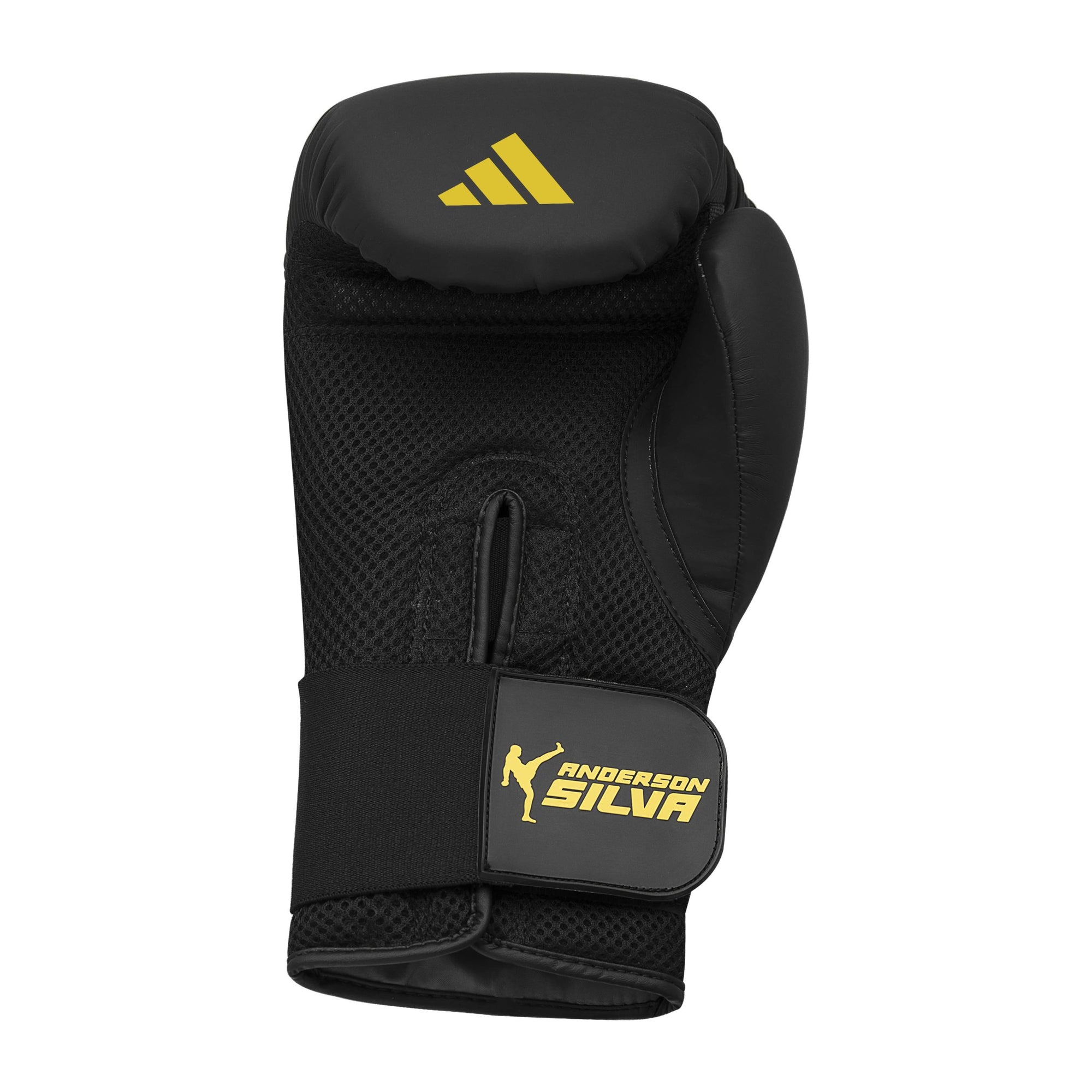 Adidas x Anderson Silva black boxing glove with yellow logo, 14 oz size.