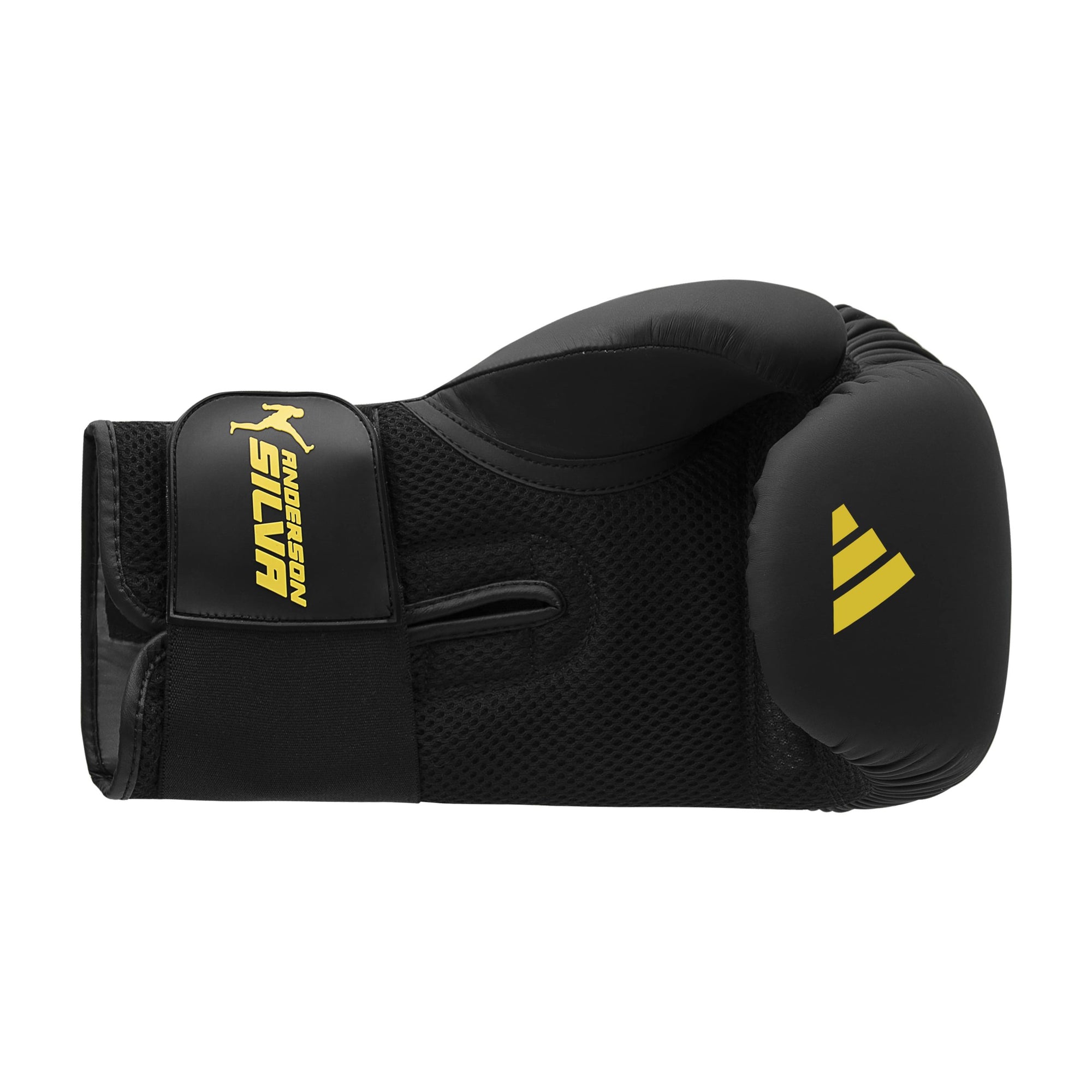 Adidas x Anderson Silva black boxing glove with yellow logo, 14 oz size.