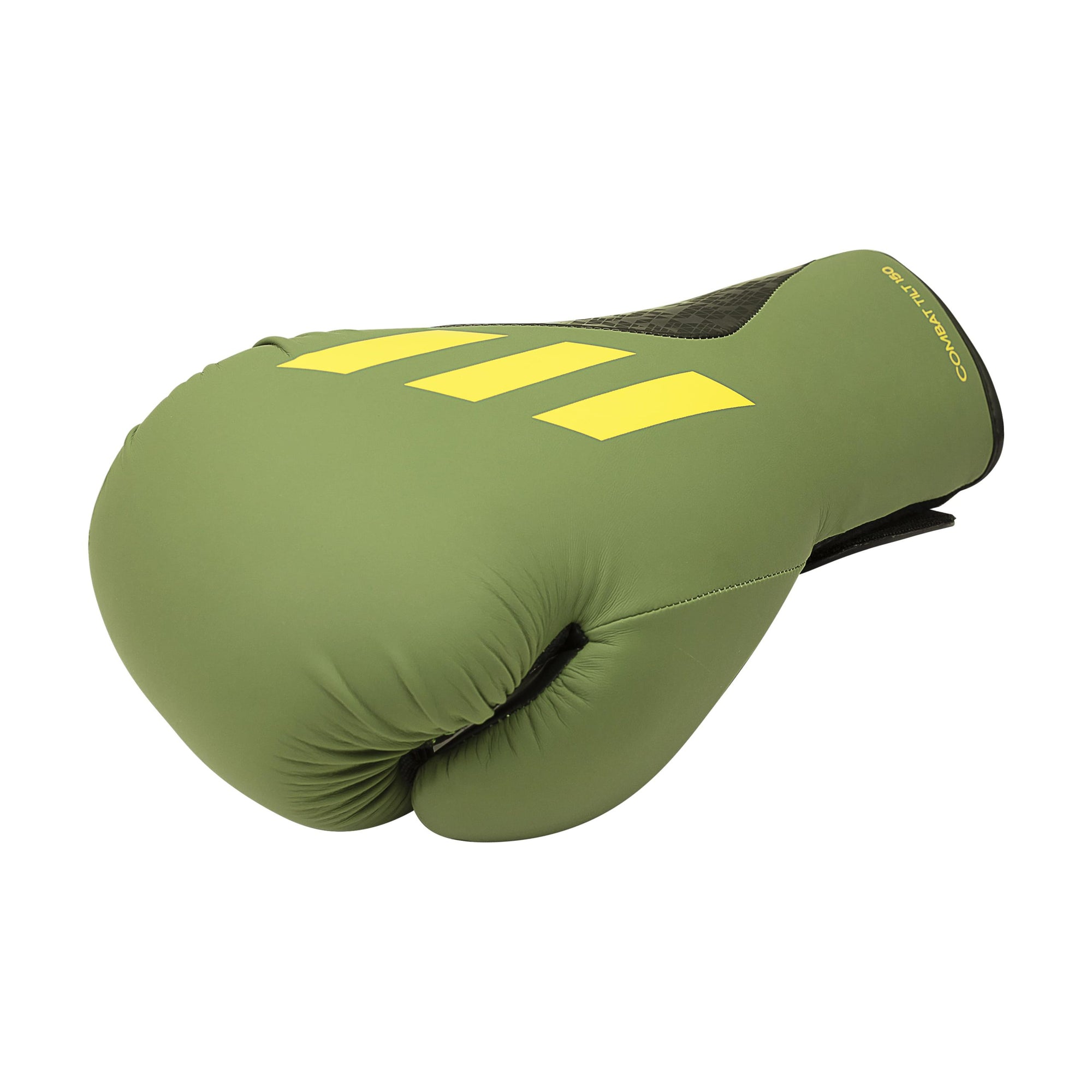 Green Adidas boxing glove with yellow stripes.