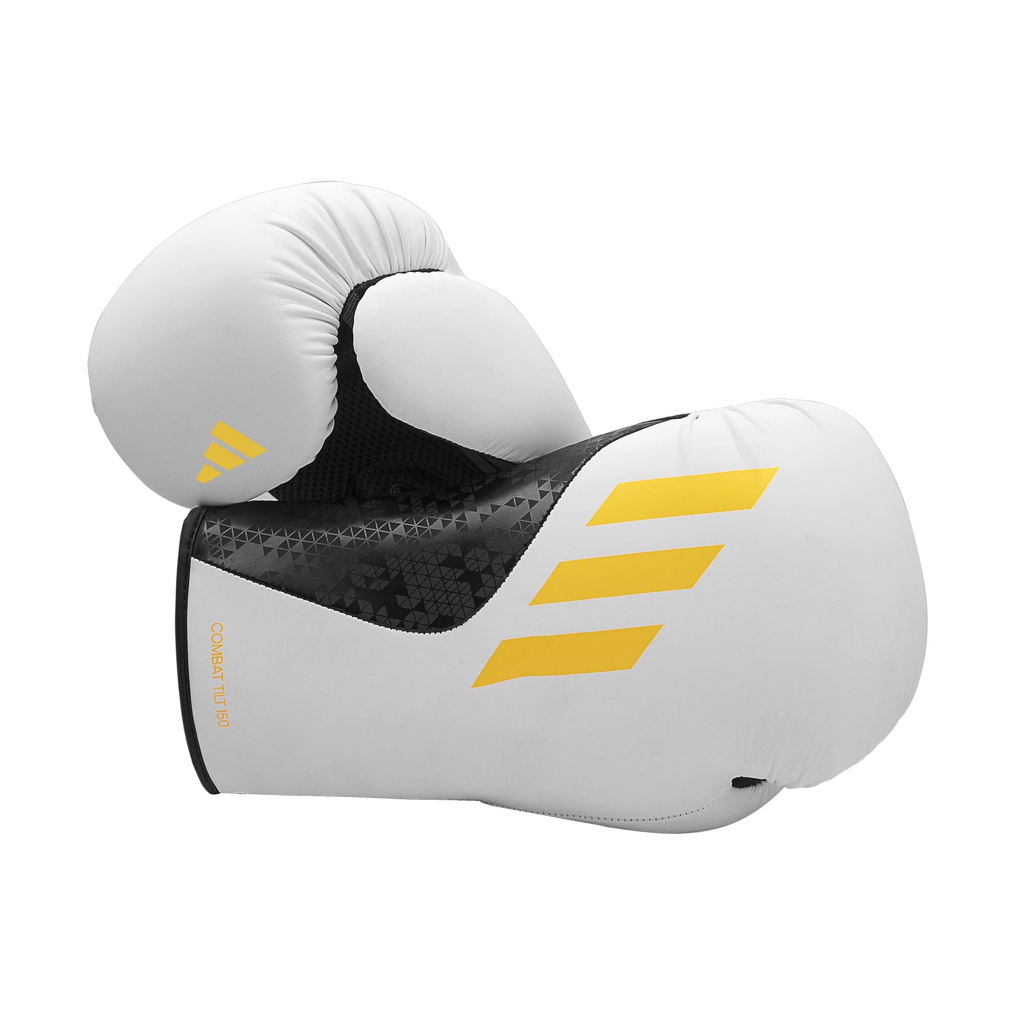 White boxing gloves with yellow stripes, Adidas x Anderson Silva collection.