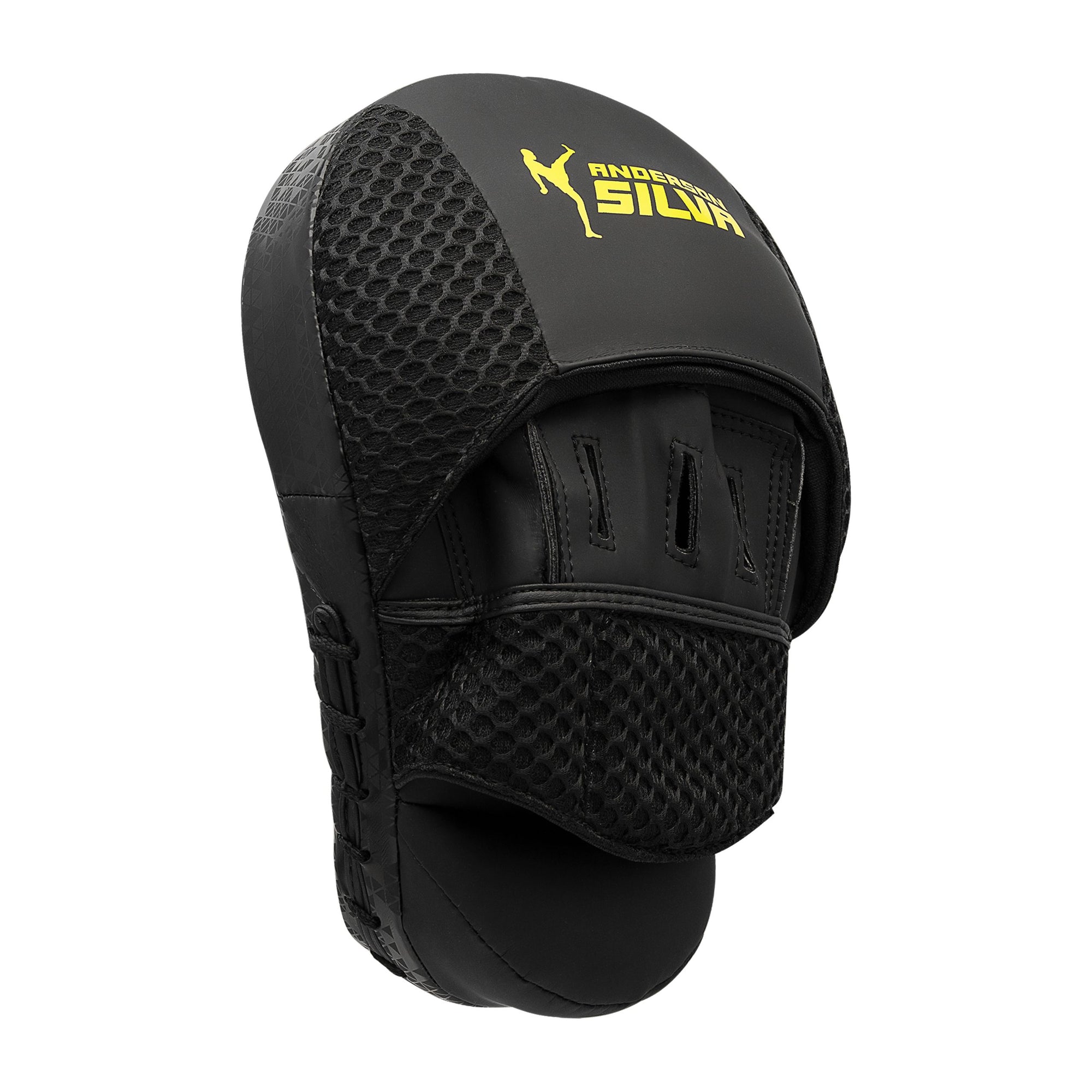 Black Adidas boxing glove with prominent yellow text.