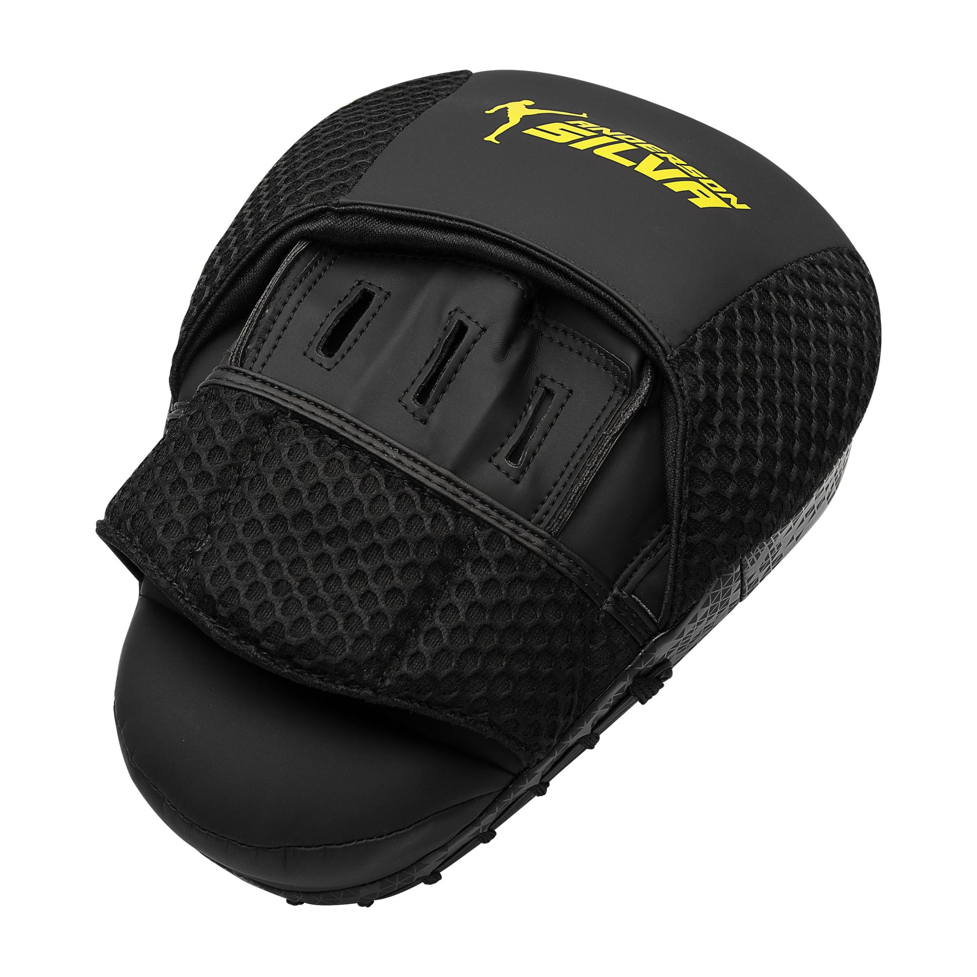 Black Adidas boxing glove with yellow text close-up.