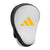 White and black glove with yellow Adidas logo for boxing training.