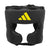 Black head guard with yellow Adidas logo.