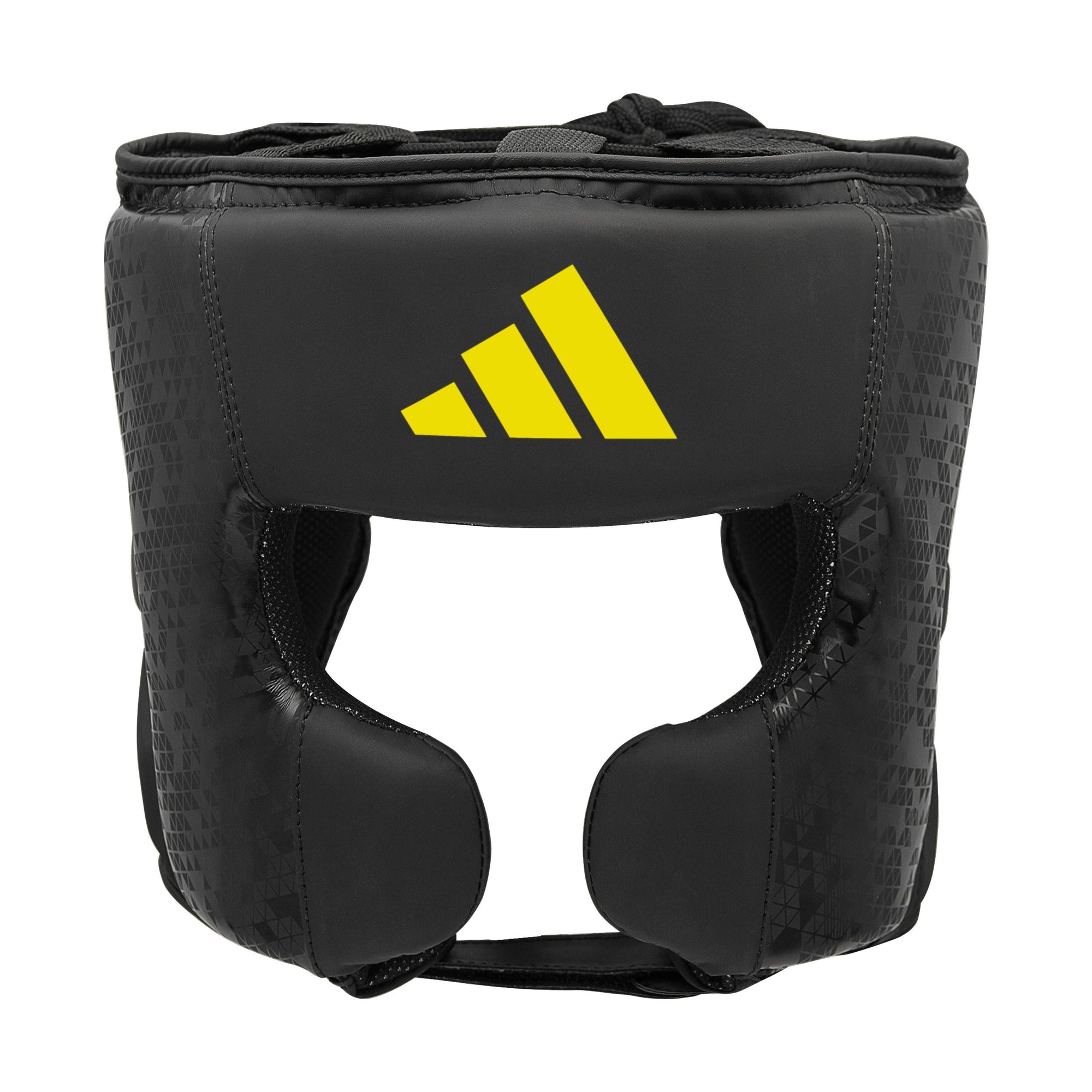 Black head guard with yellow Adidas logo.