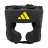 Black head guard with yellow Adidas logo.