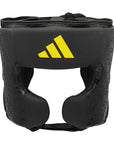 Black head guard with yellow Adidas logo.