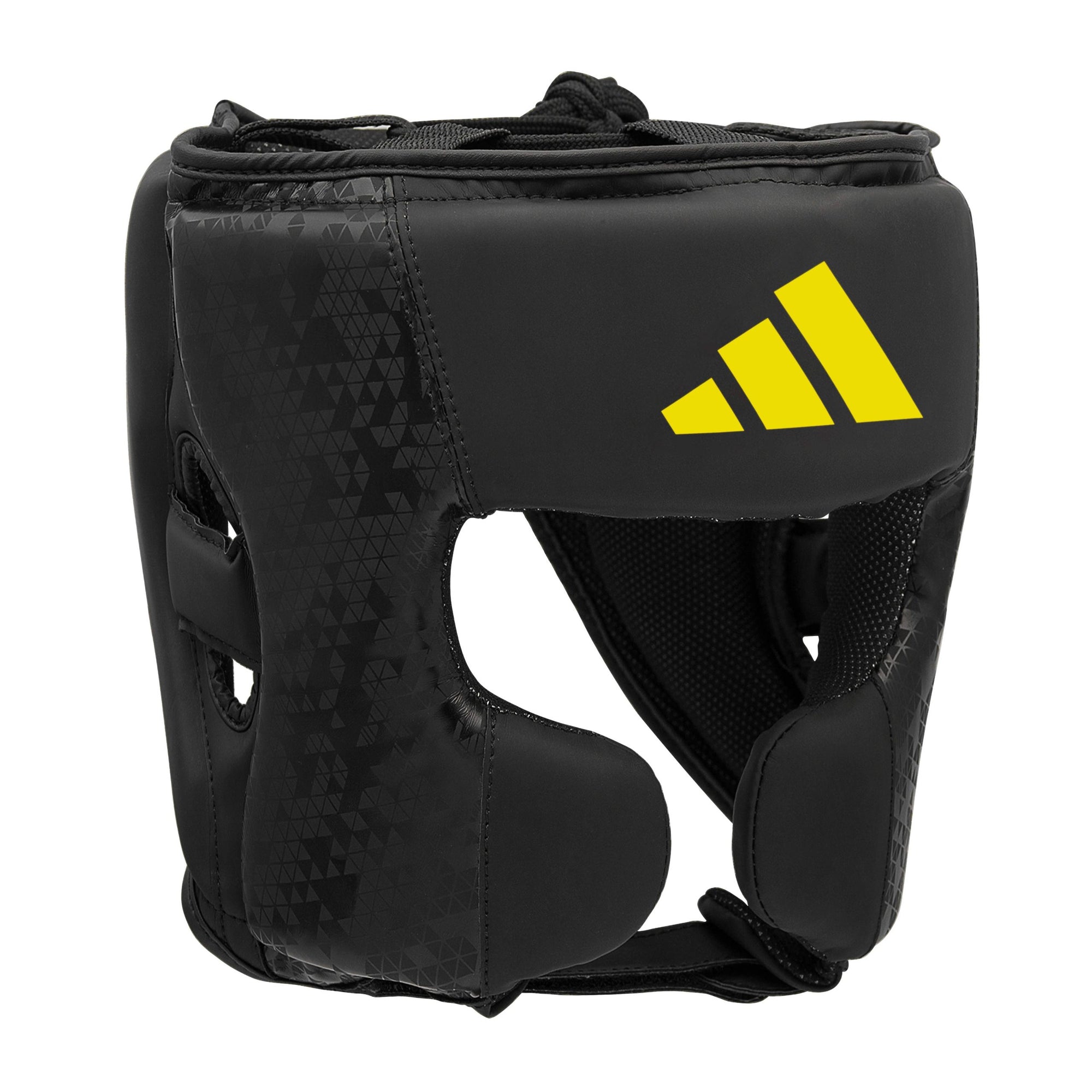 Black head guard featuring yellow Adidas logo.