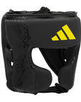 Black head guard featuring yellow Adidas logo.