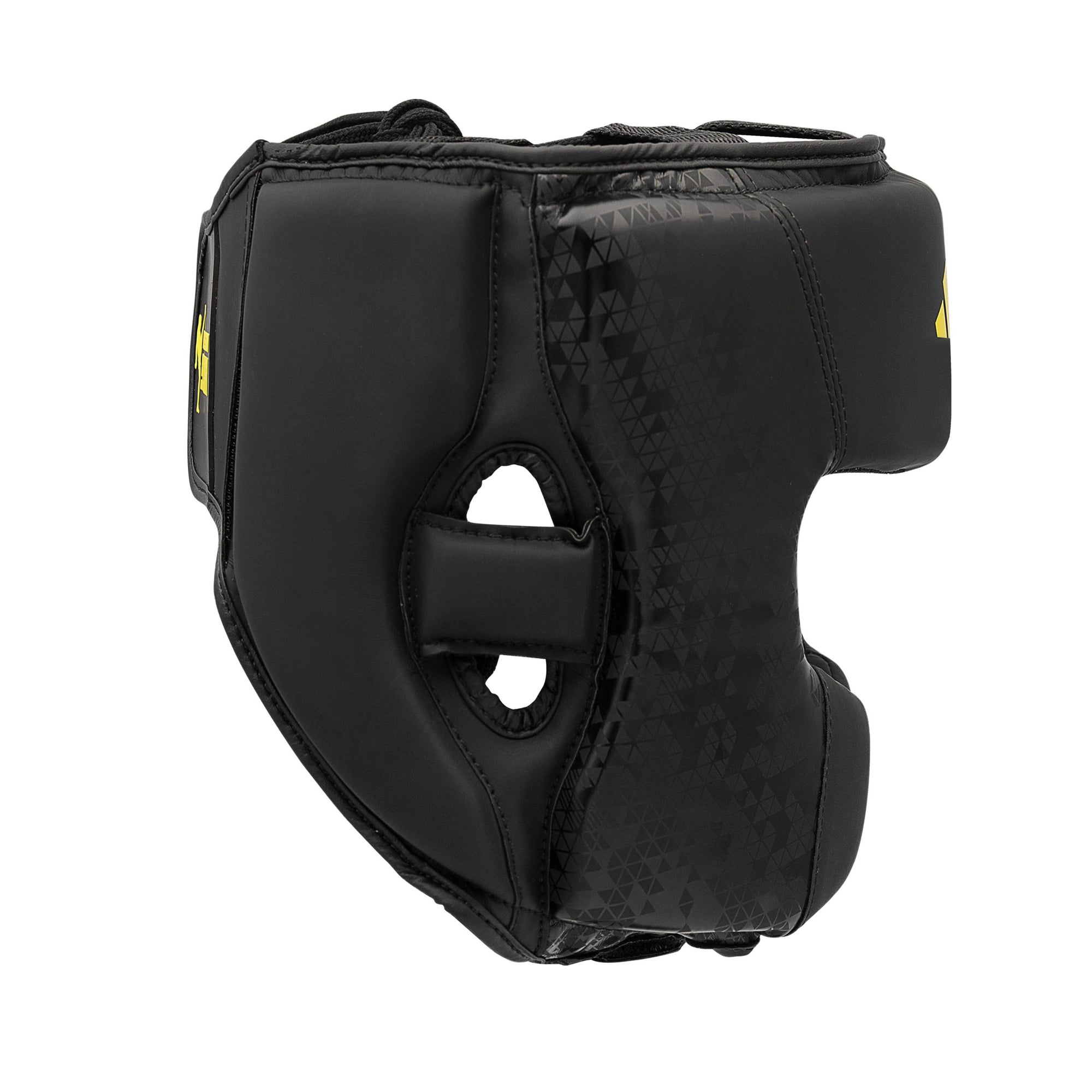 Black head guard with yellow design for boxing protection.