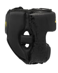 Black head guard with yellow design for boxing protection.