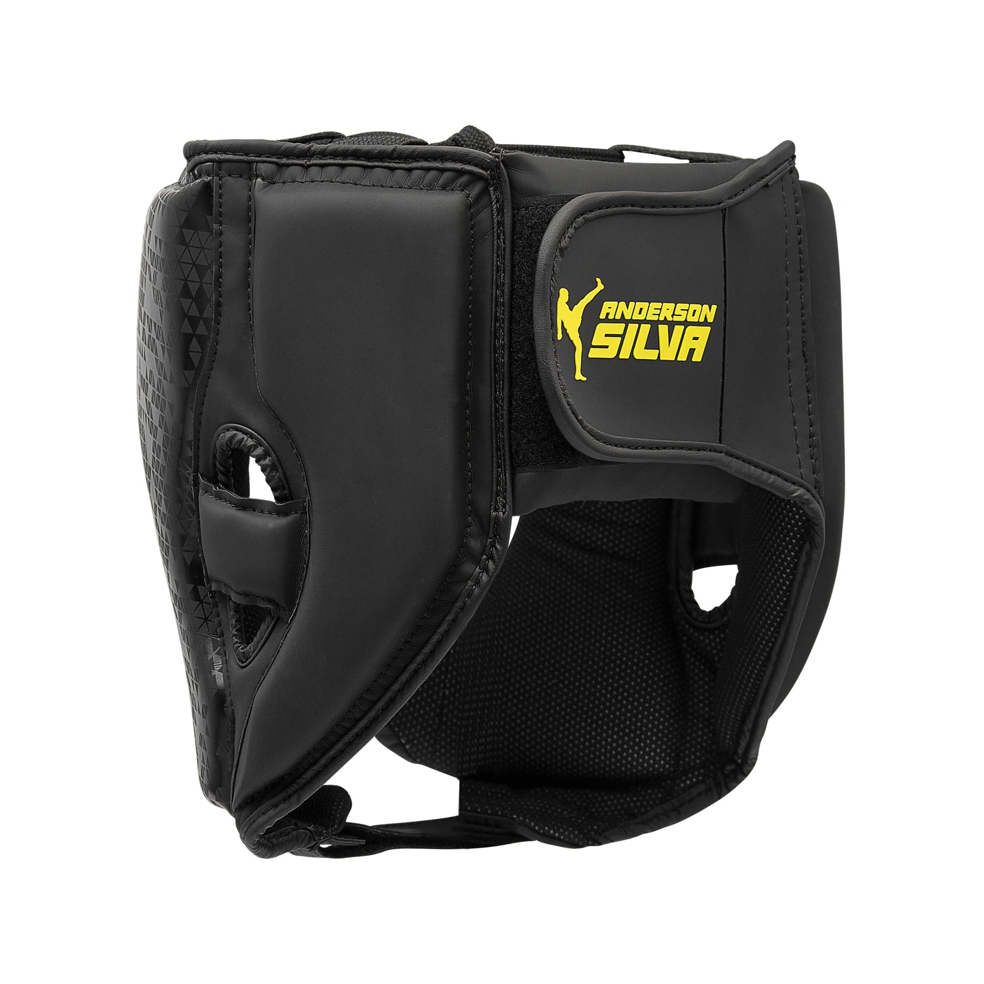 Black head guard with yellow text design for boxing.