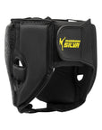 Black head guard with yellow text design for boxing.