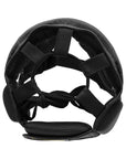 Black head guard with straps for boxing protection.