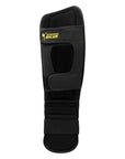 Black leg guard with yellow co-branded text.