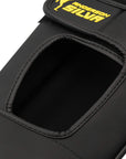 Black bag with yellow logo designed for boxing.