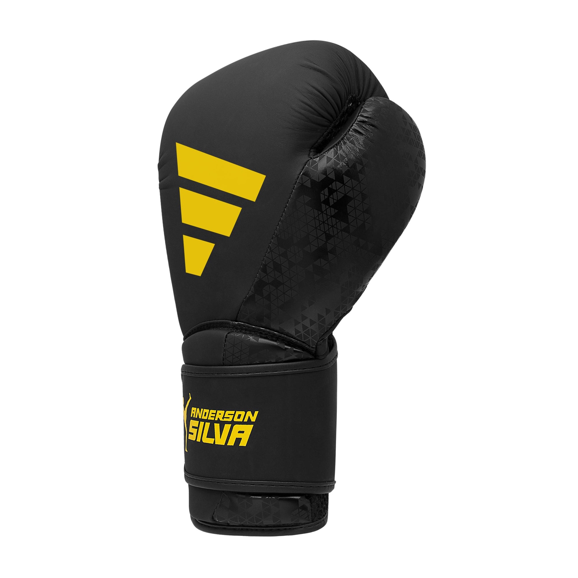 Black boxing glove with yellow logo, Adidas x Anderson Silva.