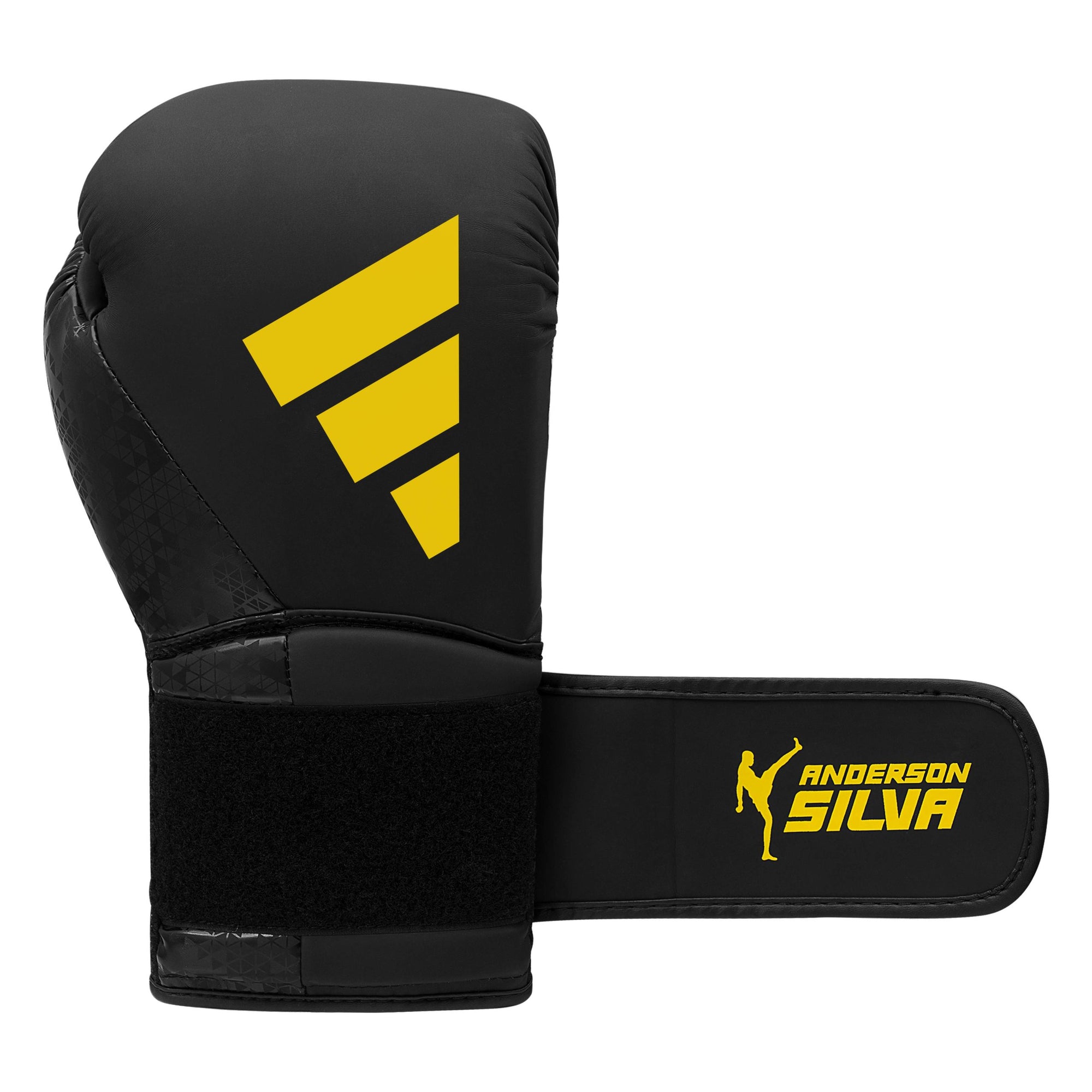 Black boxing glove with yellow Adidas logo.