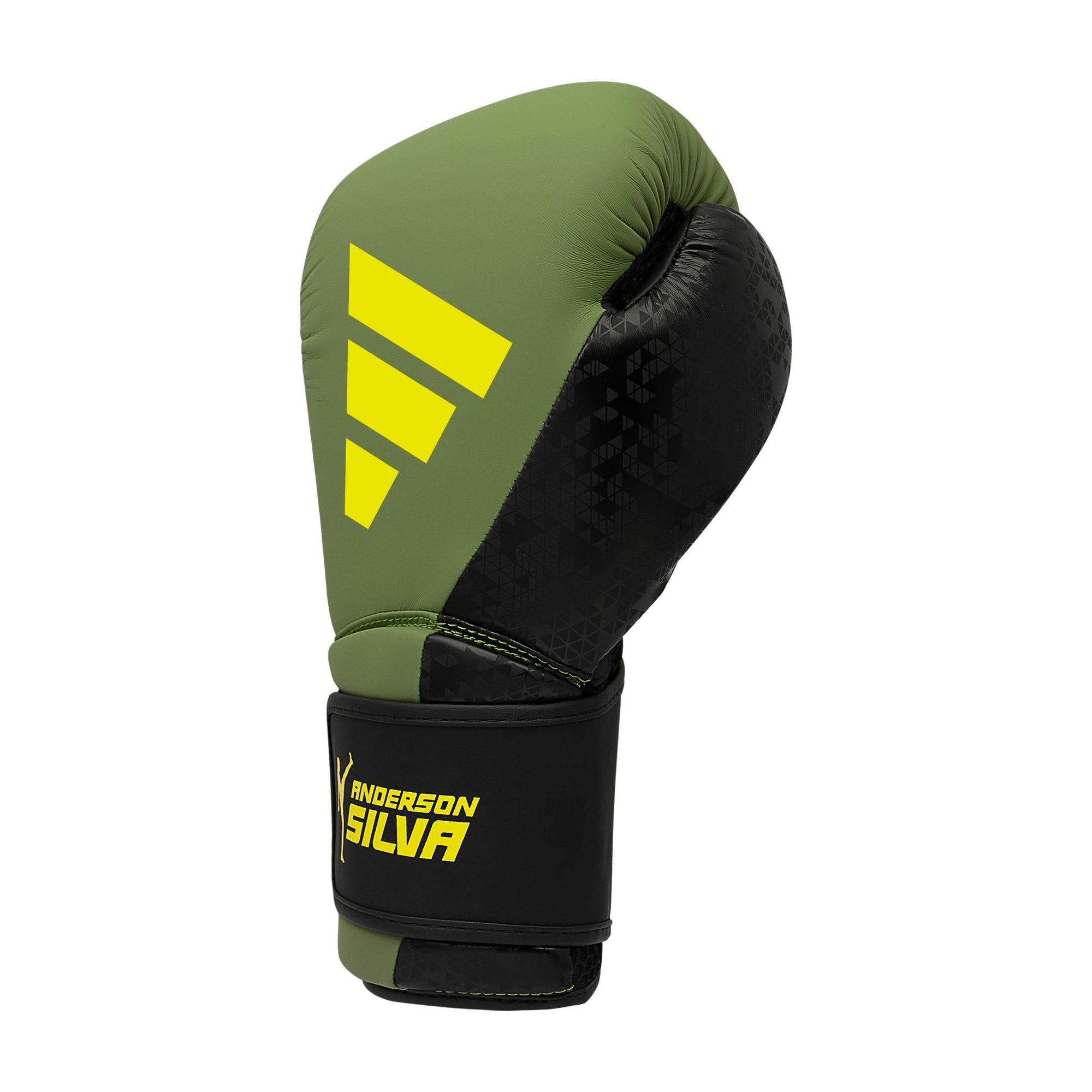 Green and black boxing glove, Adidas x Anderson Silva, 14 oz size.