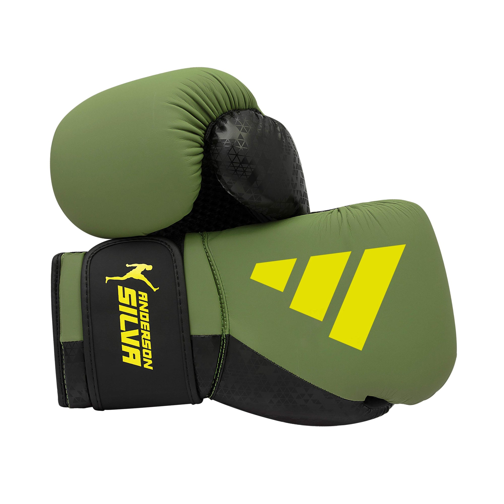 Pair of green and black MMA boxing gloves with yellow accents.