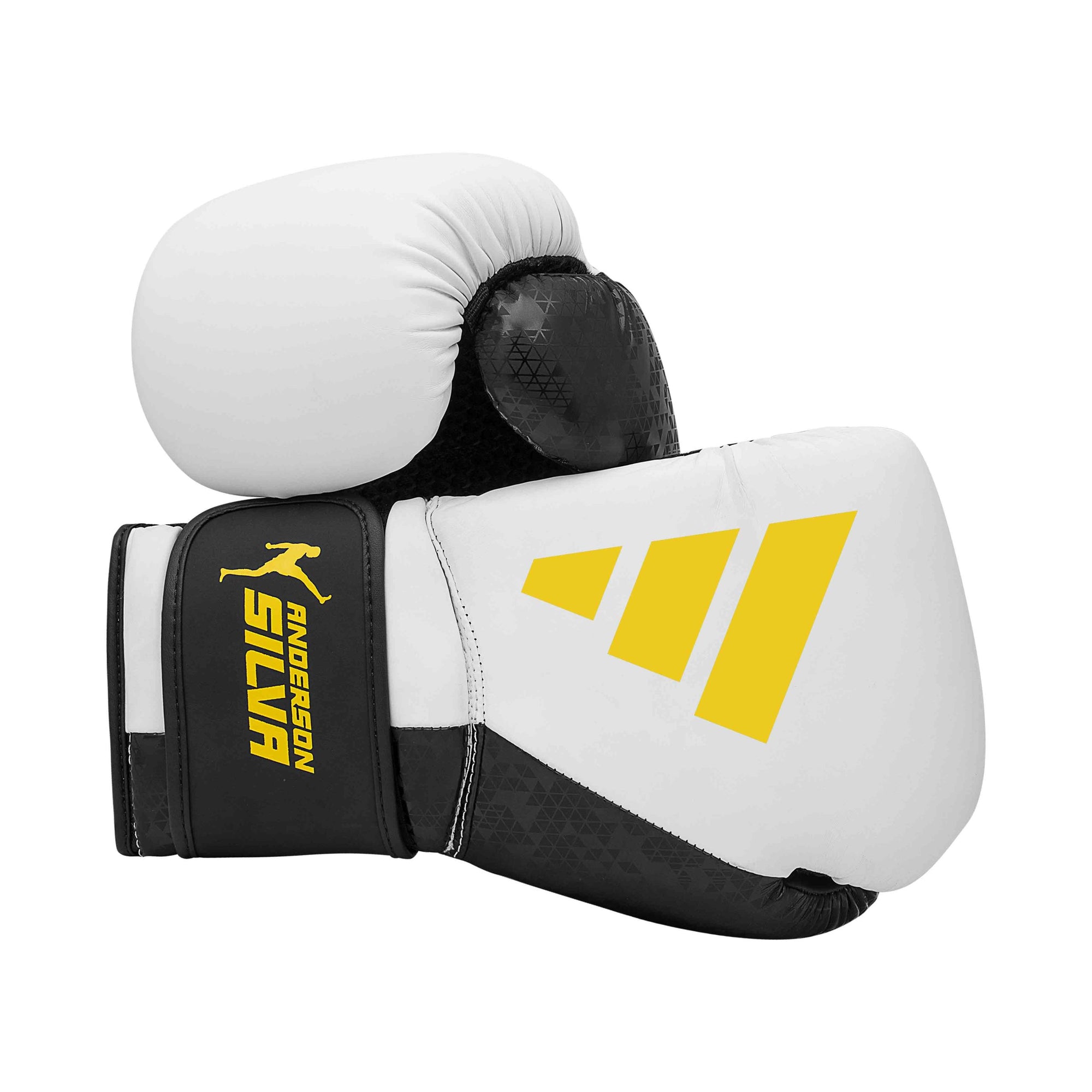 Pair of Adidas x Anderson Silva boxing gloves in white and yellow.