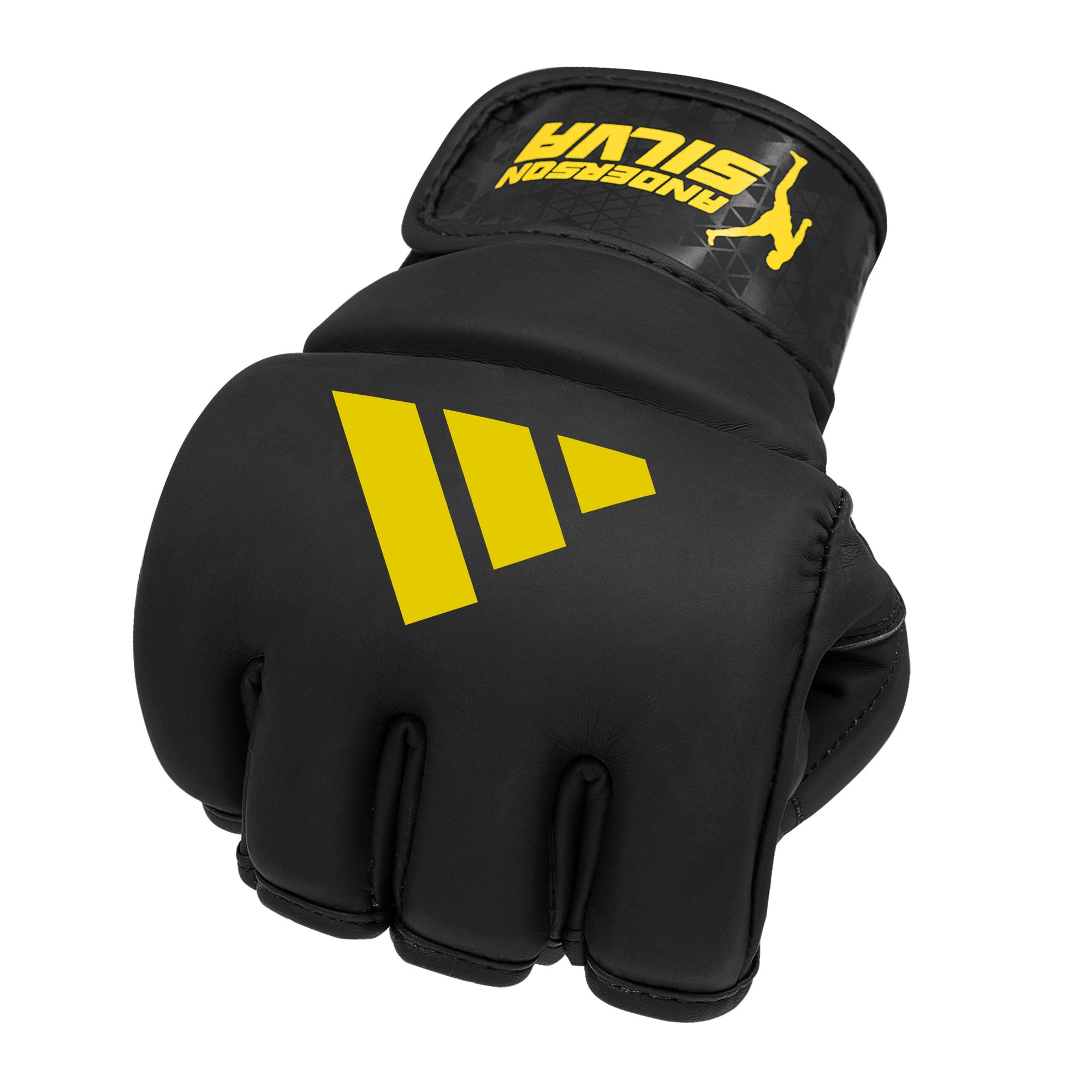 Black glove with yellow Adidas logo.