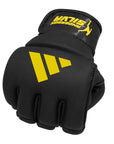 Black glove with yellow Adidas logo.