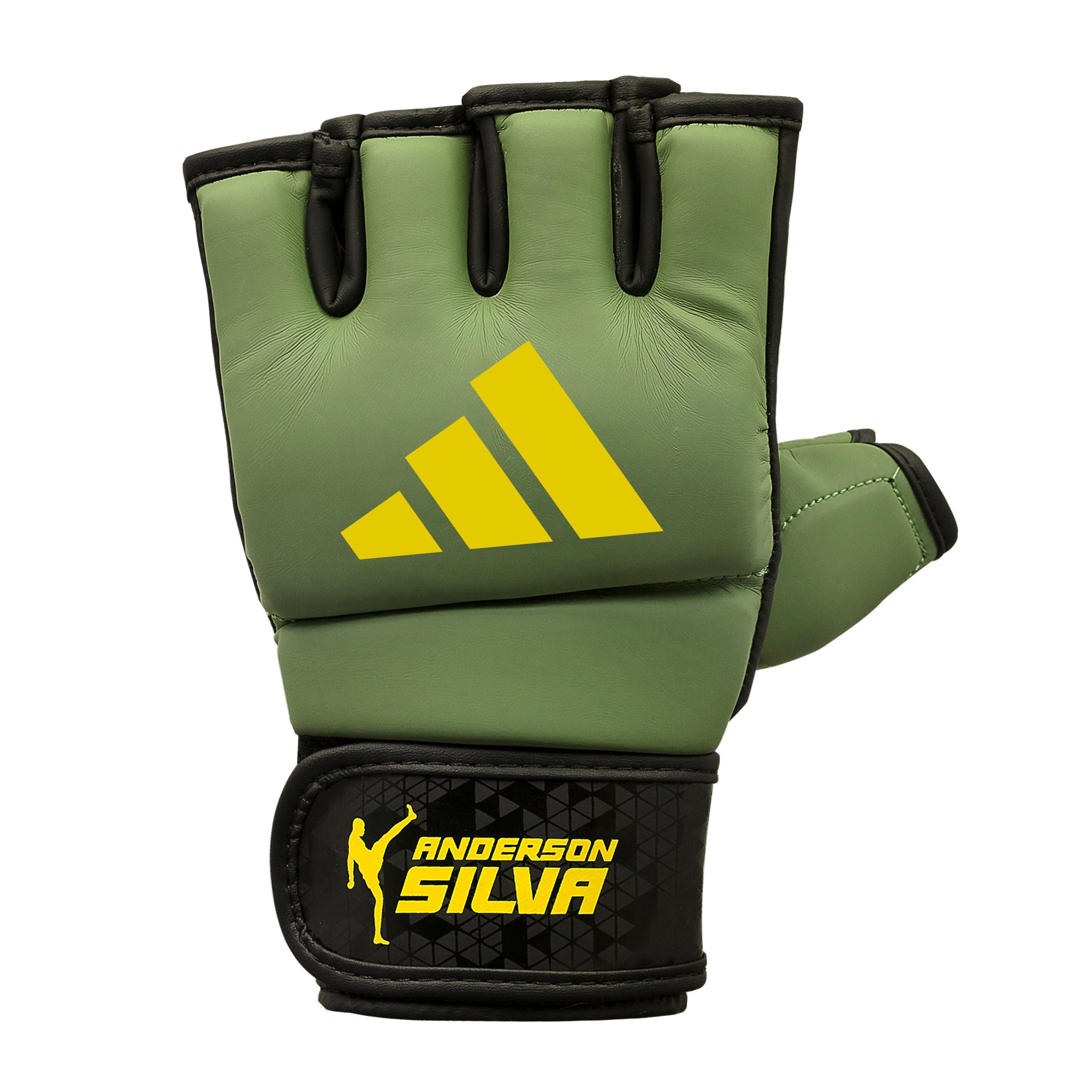 Green and black Adidas grappling glove with yellow accents, small size.