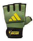 Green and black Adidas grappling glove with yellow accents, small size.