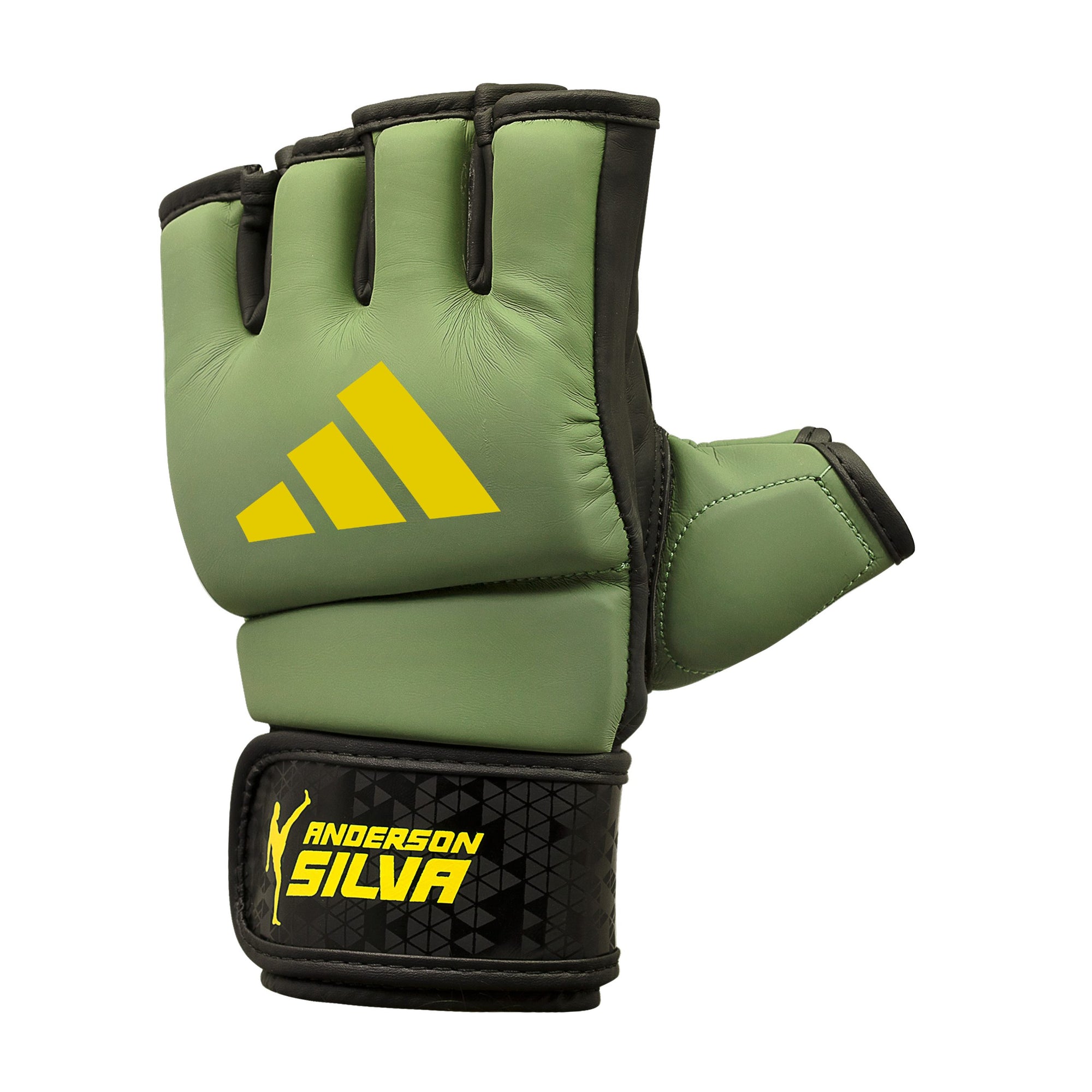 Close up of Adidas grappling glove in green and black, orbit color, large size.