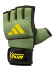 Close up of Adidas grappling glove in green and black, orbit color, large size.