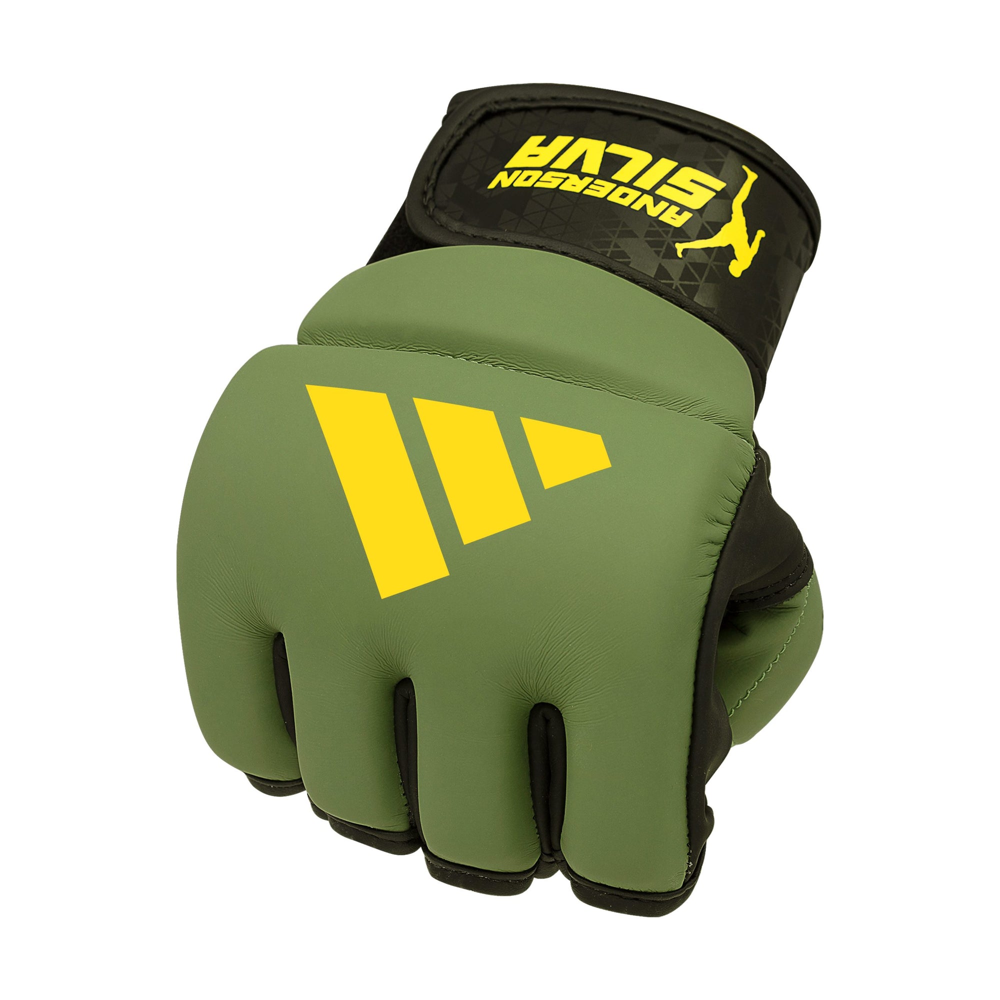 Green and black Adidas grappling glove with yellow accents, X-large size.