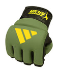 Green and black Adidas grappling glove with yellow accents, X-large size.