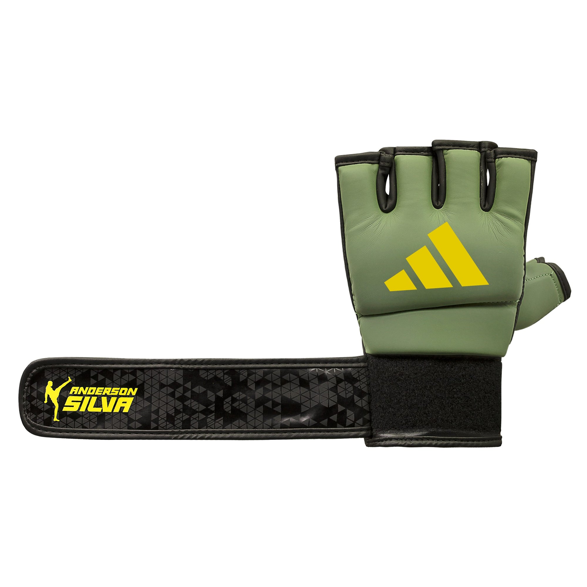 Close-up of Adidas x Anderson Silva training glove in black, yellow, and camo color, size medium.