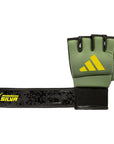 Close-up of Adidas x Anderson Silva training glove in black, yellow, and camo color, size medium.