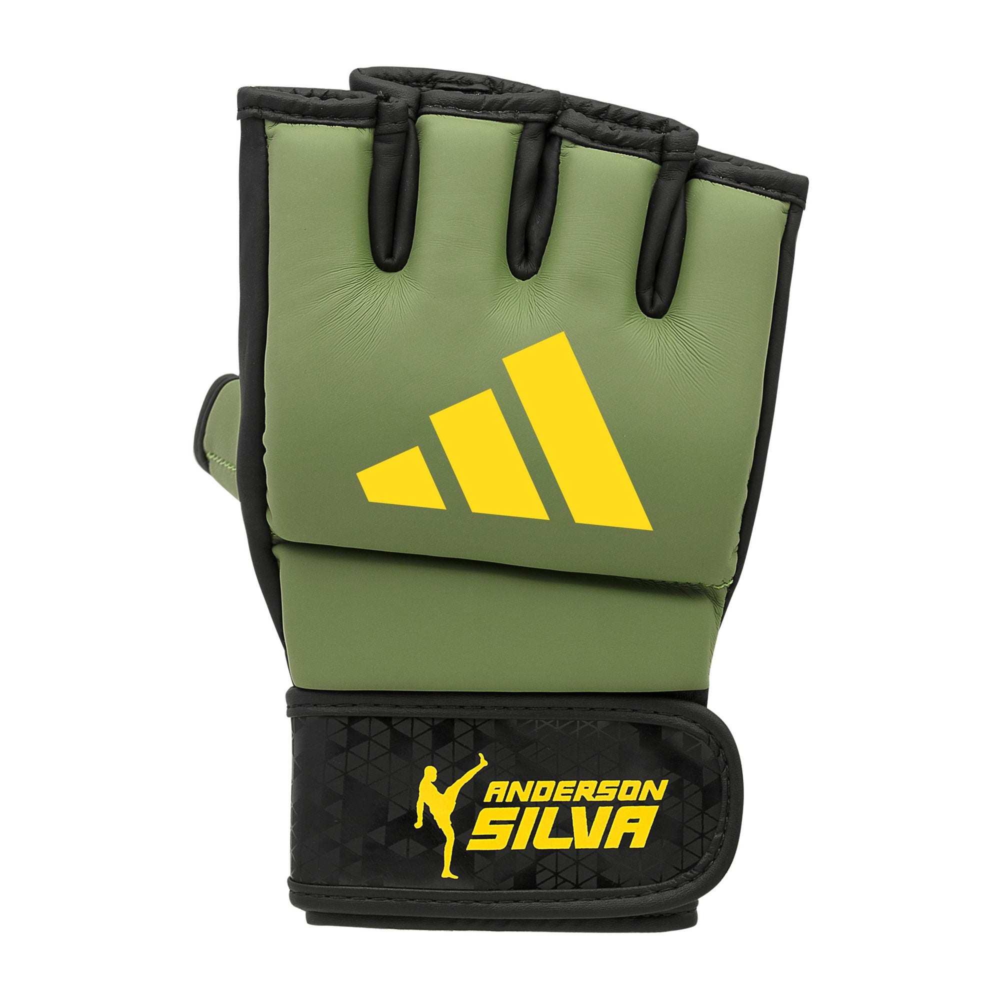 Close up of Adidas grappling glove in green and black, orbit color, medium size.