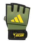 Close up of Adidas grappling glove in green and black, orbit color, medium size.