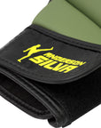 Close-up of Adidas x Anderson Silva training glove in green and yellow.