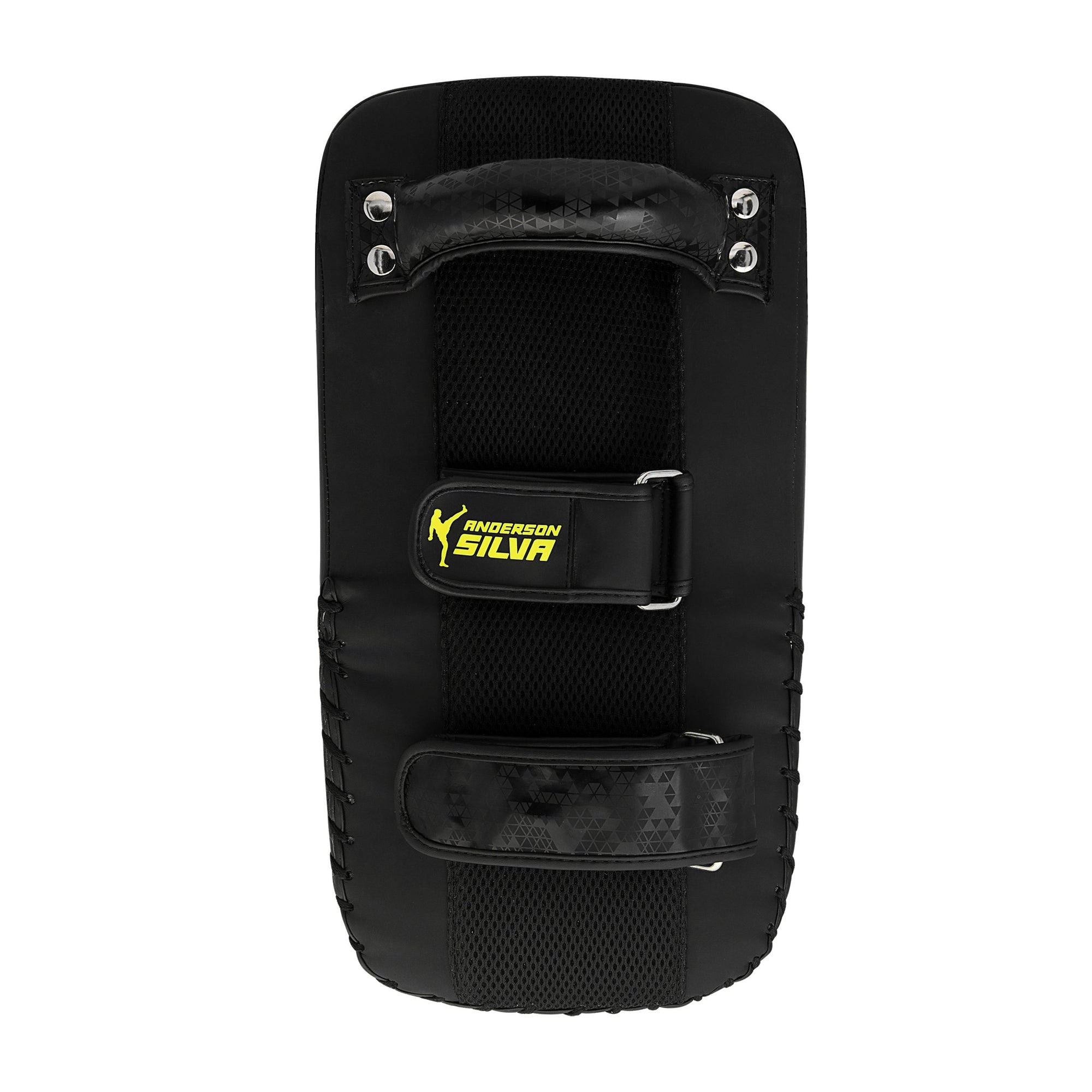 Black MMA training thigh pad with straps.