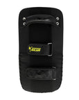 Black MMA training thigh pad with straps.