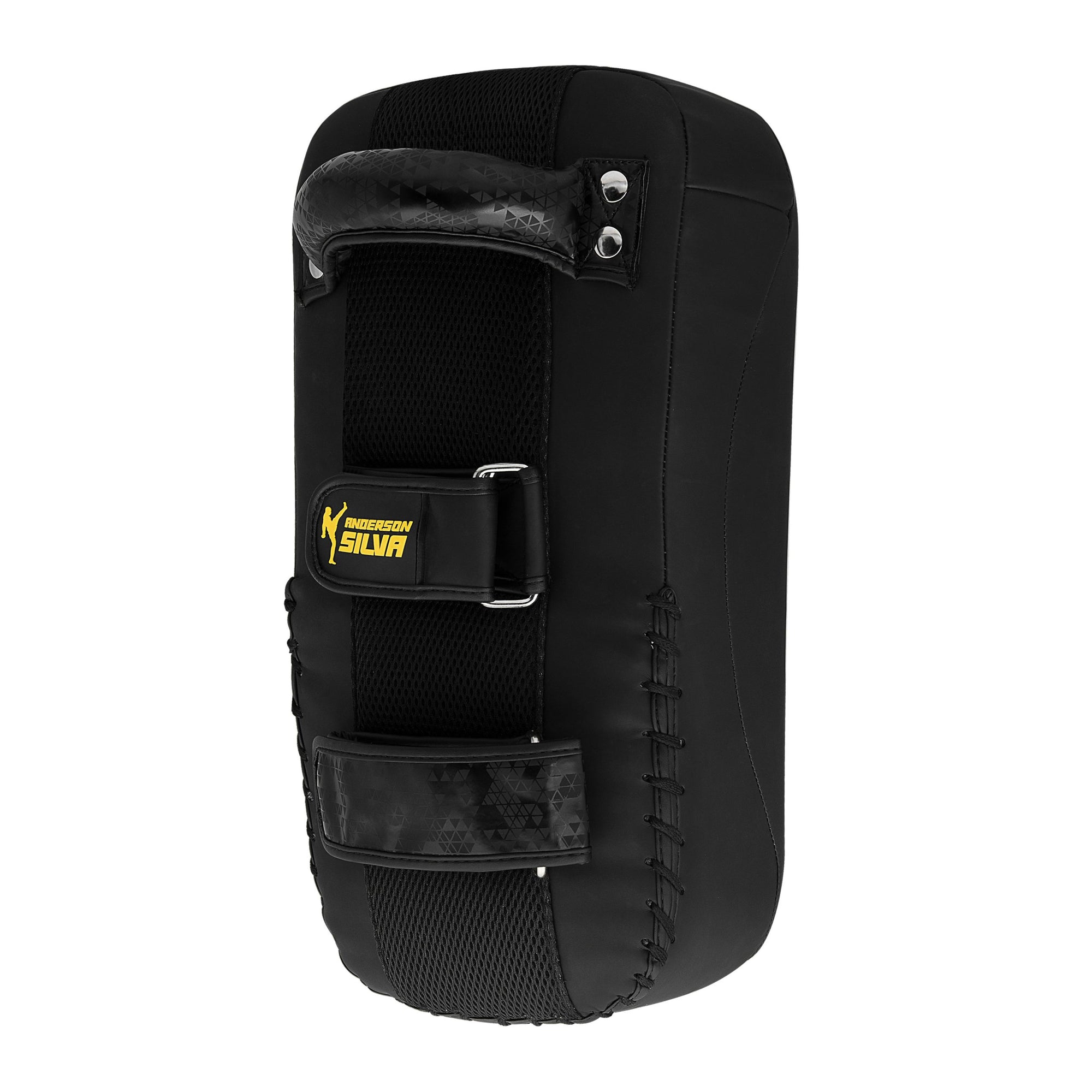 Black MMA training thigh pad with black straps.